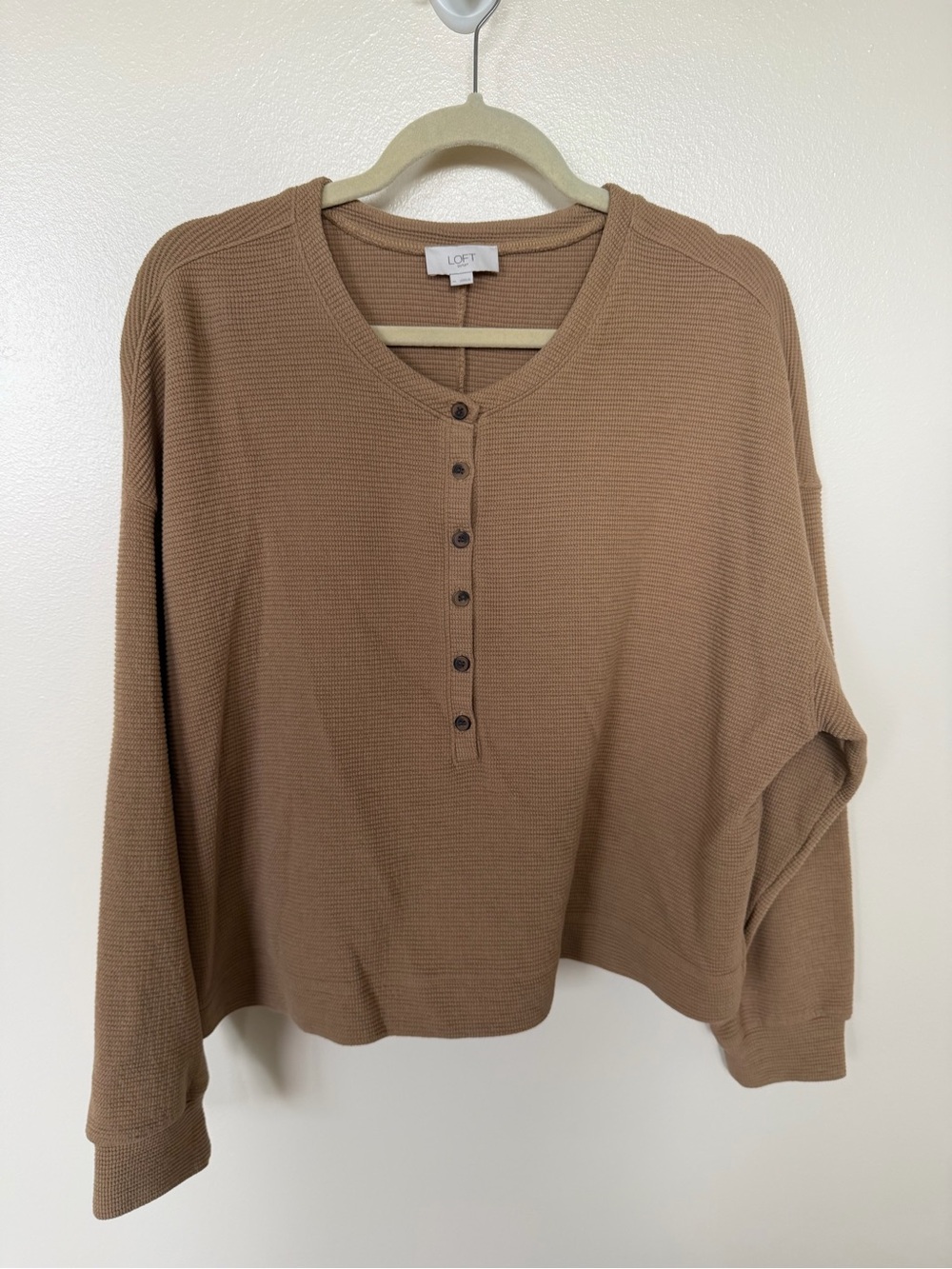 LOFT Camel Waffle Knit Henley Long Sleeve